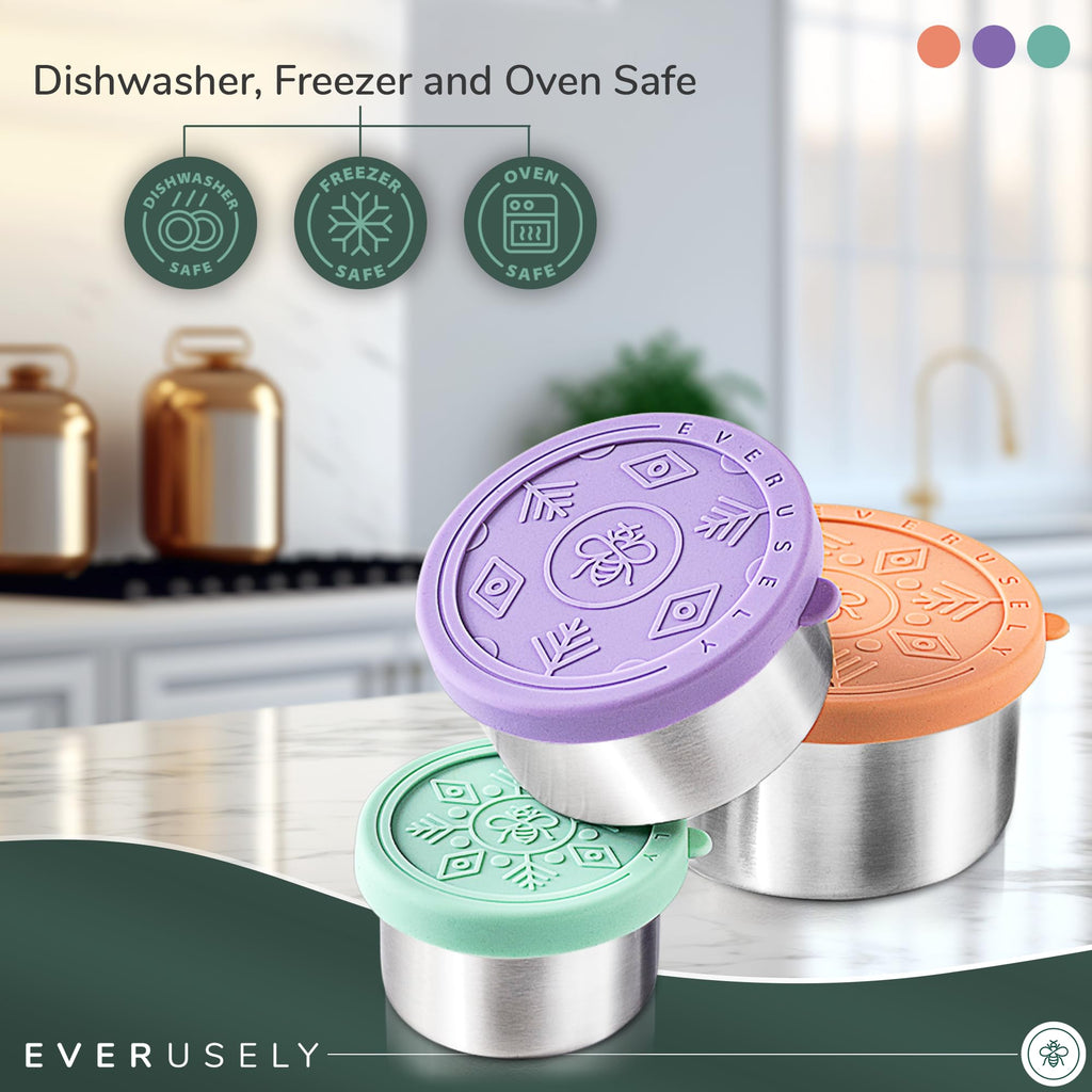 Everusely - Stainless Steel Food Containers - 3 Pack, Bright - Lunch Box - Snack Containers for Office, Home Food Storage - Leakproof w/Silicone Lids - Dishwasher & Freezer Safe