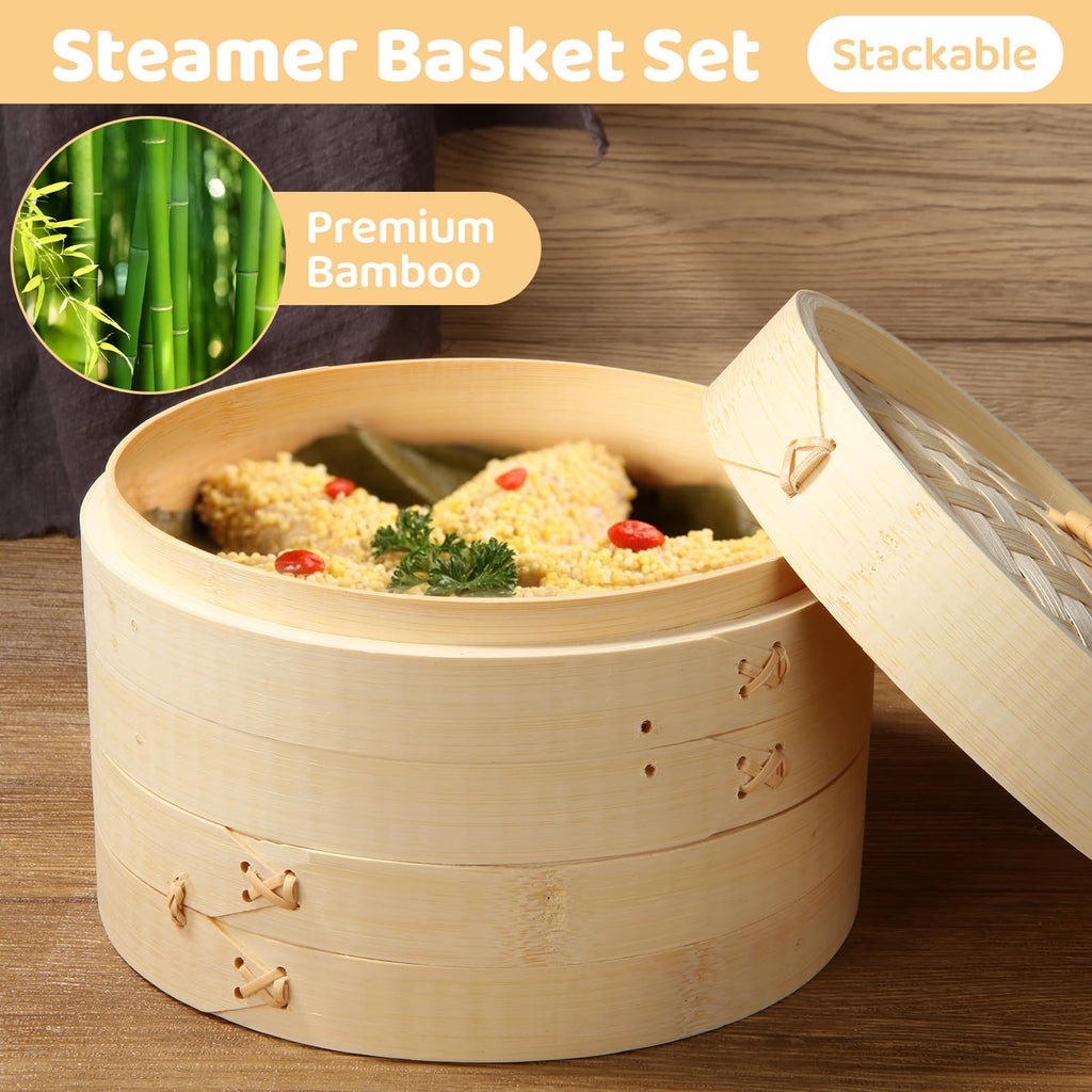 QTLCOHD Bamboo Steamer 8 Inch 3 Tier Dumpling Steamer Basket for Cooking Small Food Steamers for Dim Sum Bao Bun Rice Vegetable