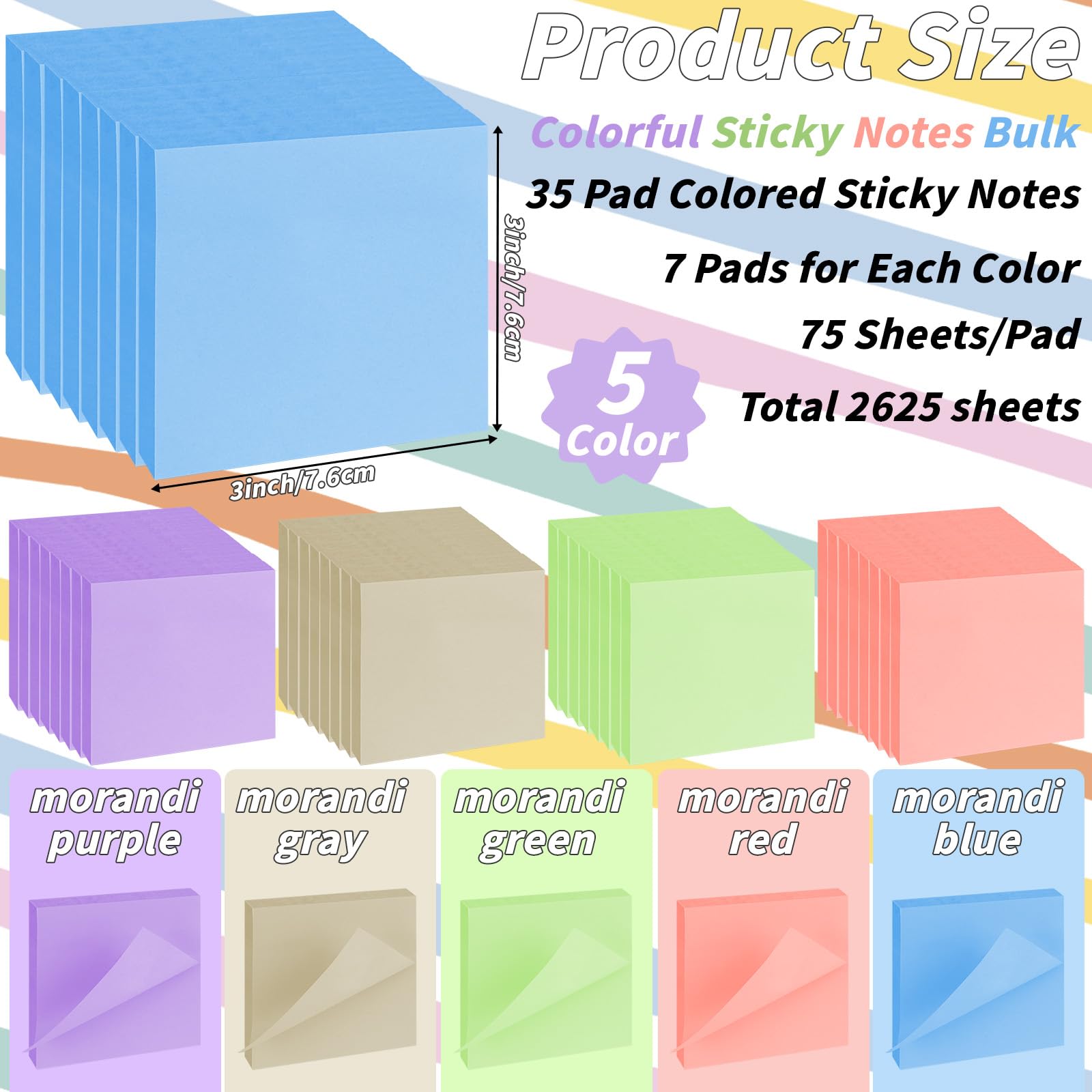 35 Pack Sticky Notes Bulk 3 x 3 In Self Stick Notes Pads Colorful Posted Note in 5 Morandi Pastel Colors Adhesive Paper Memo 75 Sheets/Pad Easy to Post for Office Home School Notebook Wall Door Window