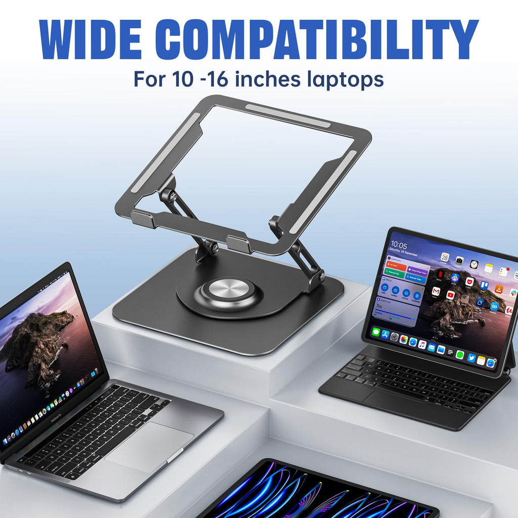 Laptop Stand for Desk, Adjustable Computer Stand with 360° Rotating Base, Ergonomic Laptop Riser for Collaborative Work, Foldable & Portable Laptop Stand, fits for All 10-16" Laptops (Gray)