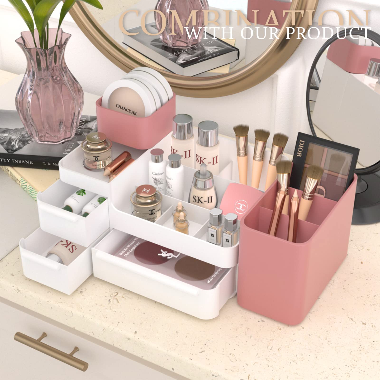 Makeup Organizer with Drawers, Countertop Organizer for Vanity, Bathroom and Bedroom Desk Cosmetics Display Case for Brushes, Lotions, Perfumes, Eyeshadow, Lipstick and Nail Polish