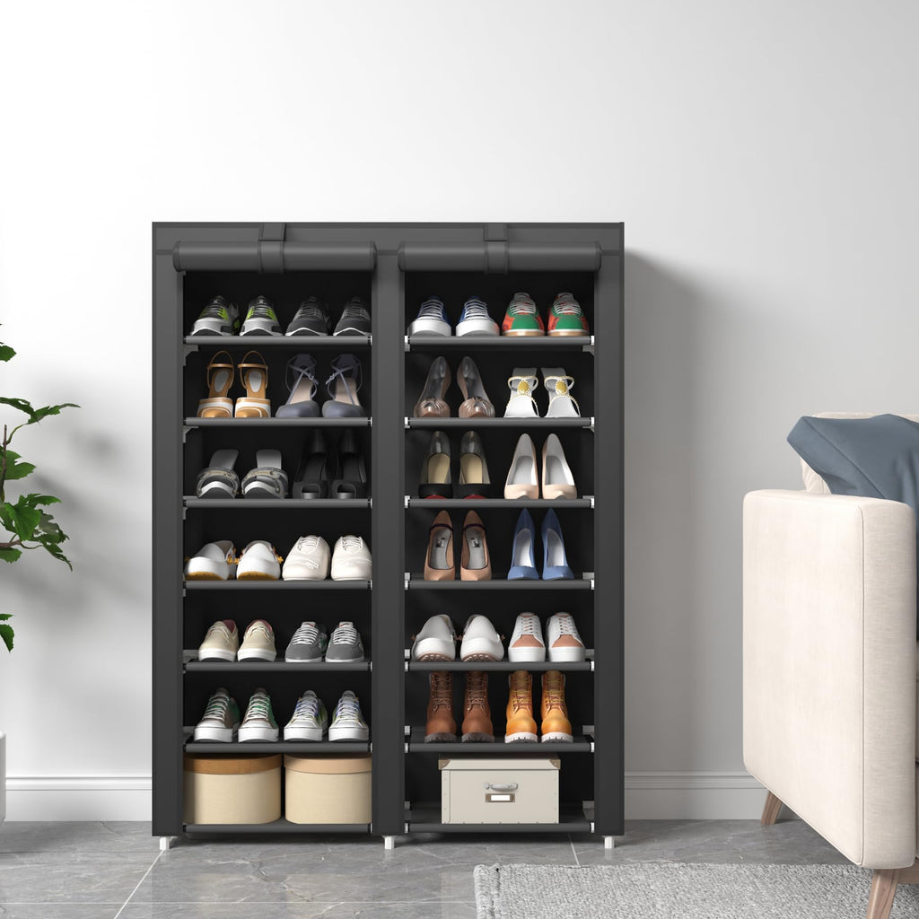 JIUYOTREE 7 Tier Shoe Rack Storage Organizer with Big Capacity,Double Row Shoe Cabinet,Shelf,Closet with Nonwoven Fabric Cover,Black