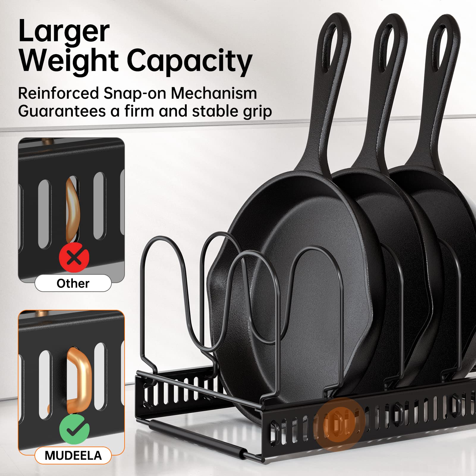 MUDEELA Pots and Pans Organizer Rack for Under Cabinet, Expandable 11.71''-22.85'' Pot Lid Kitchen Cabinet Organizer Holder with 10 Adjustable Compartment Cutting Board Organizer for Pan Lid, Bakeware