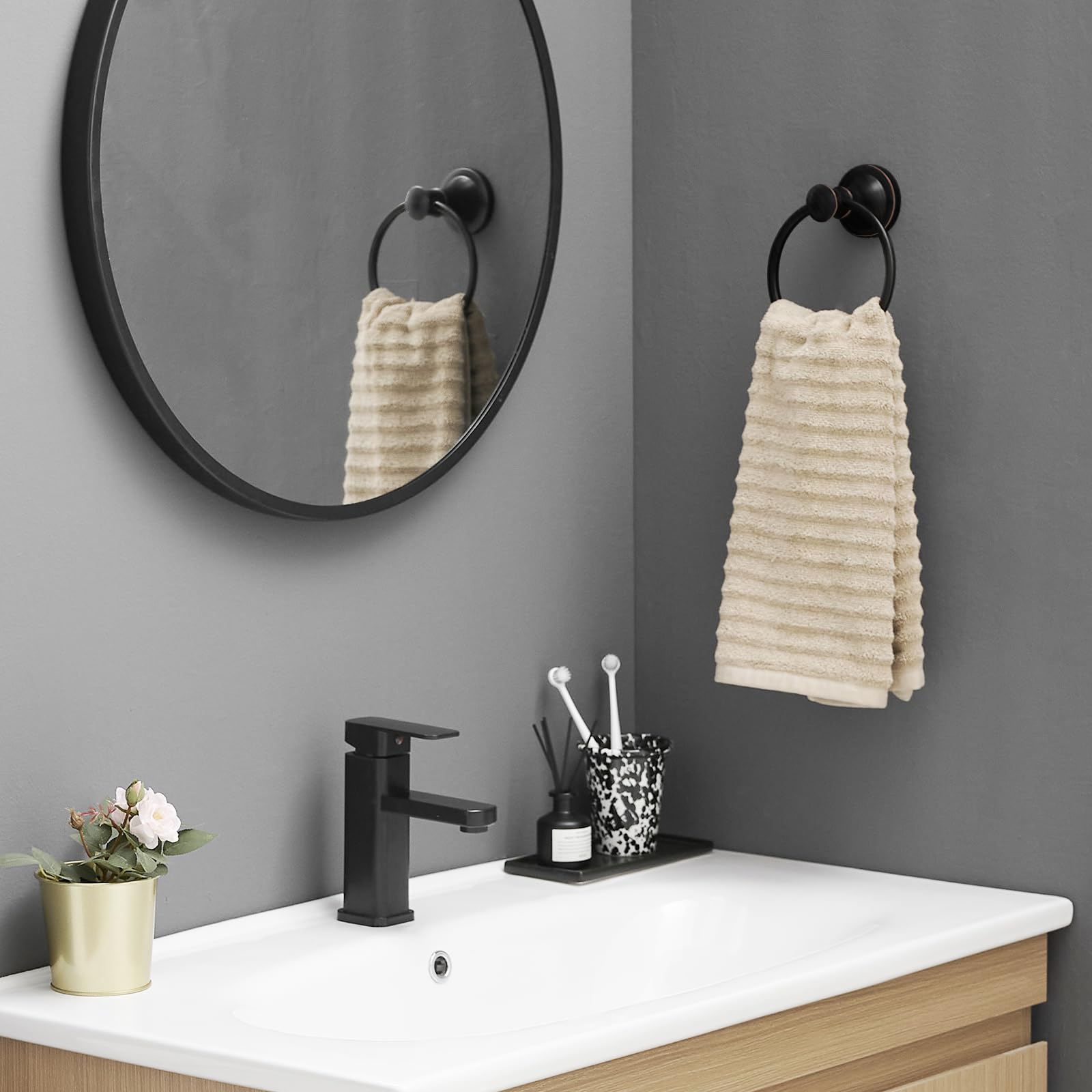 BESy Oil Rubbed Bronze Bathroom Hand Towel Ring Towel Holder, Rustproof Wall Mounted Bathroom Hardware Accessory SUS 304 Stainless Steel Towel Rack