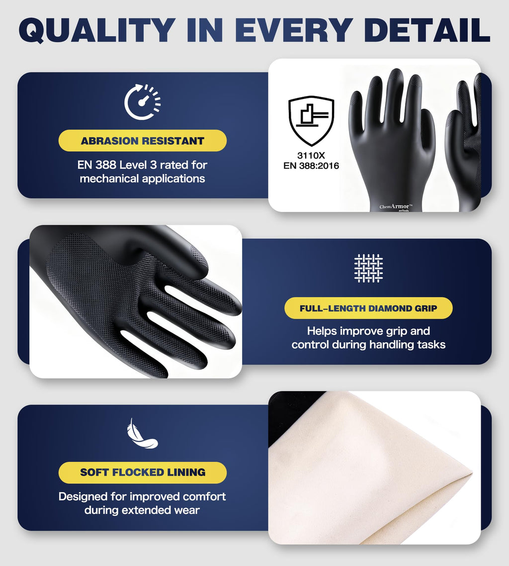 AnTools 2 Pairs Heavy-Duty Chemical Resistant Rubber Gloves, Protective Industrial Gloves for Cleaning, Dishwashing, Resist Acid, Alkali, Hazmat, Black, Large