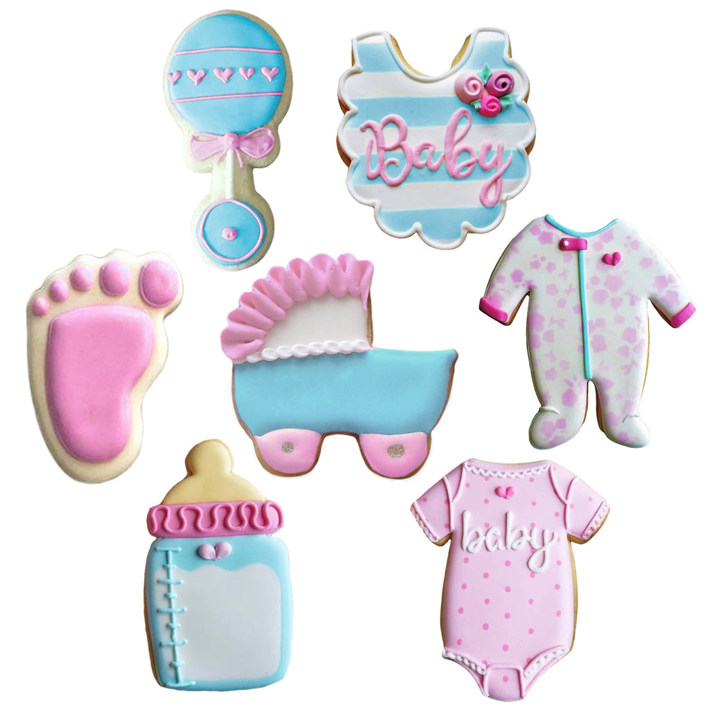 Baby Shower Cookie Cutters 7–Pc. Set Made by Ann Clark, Onesie, Bib, Rattle, Carriage, Baby Footprint and More