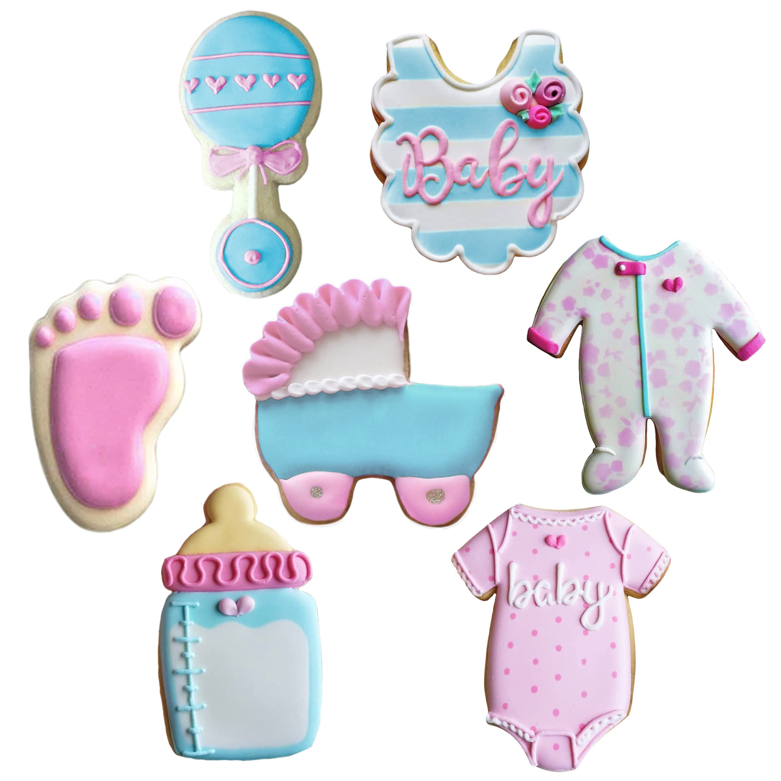 Baby Shower Cookie Cutters 7–Pc. Set Made by Ann Clark, Onesie, Bib, Rattle, Carriage, Baby Footprint and More
