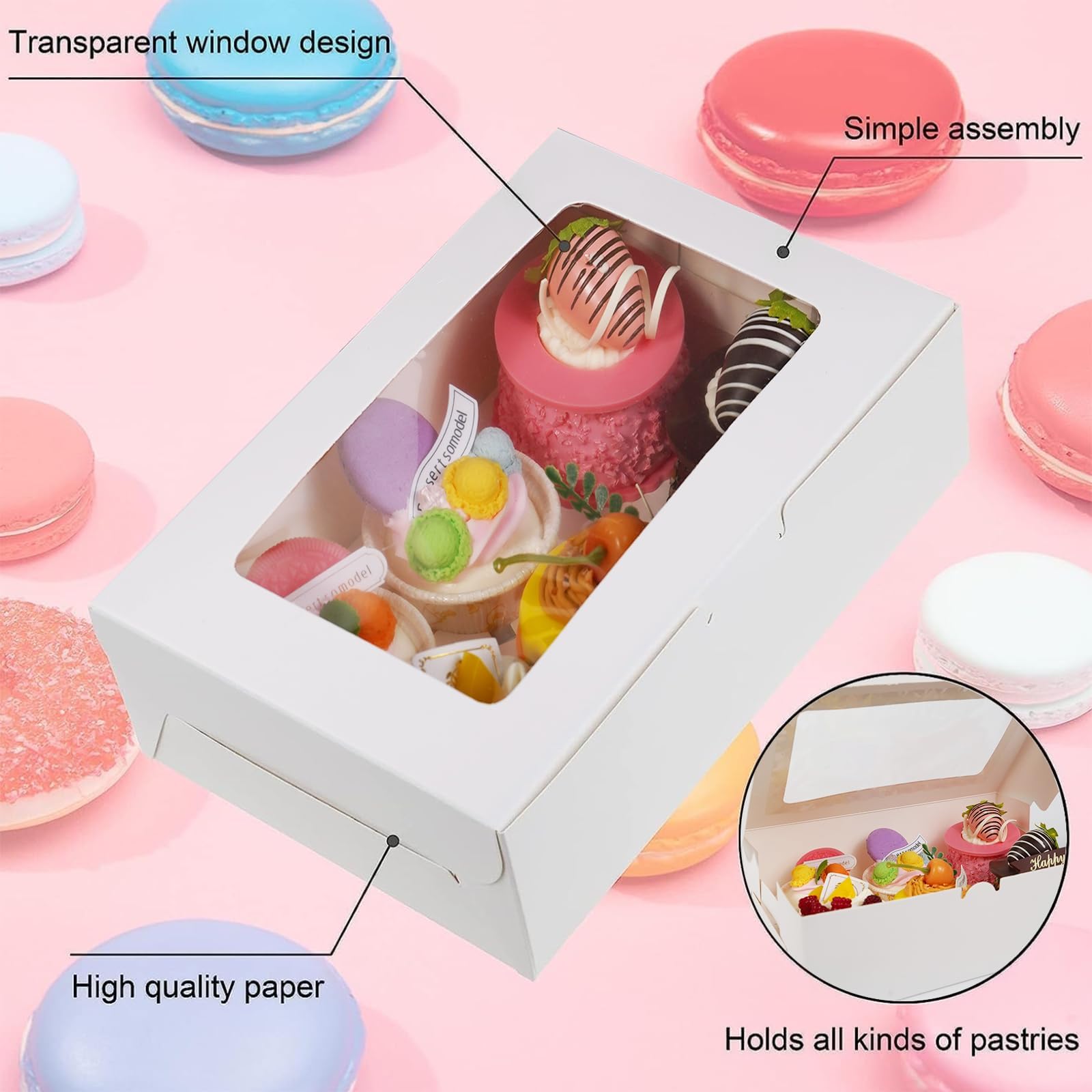 TATAPO 60 Pack Cupcake Boxes with Inserts, White Kraft Paper Cupcake Box with Window Hold 6 Standard Cupcakes, Bakery Cake Pastry Holder with Ribbon for Cookie Muffins Pastry