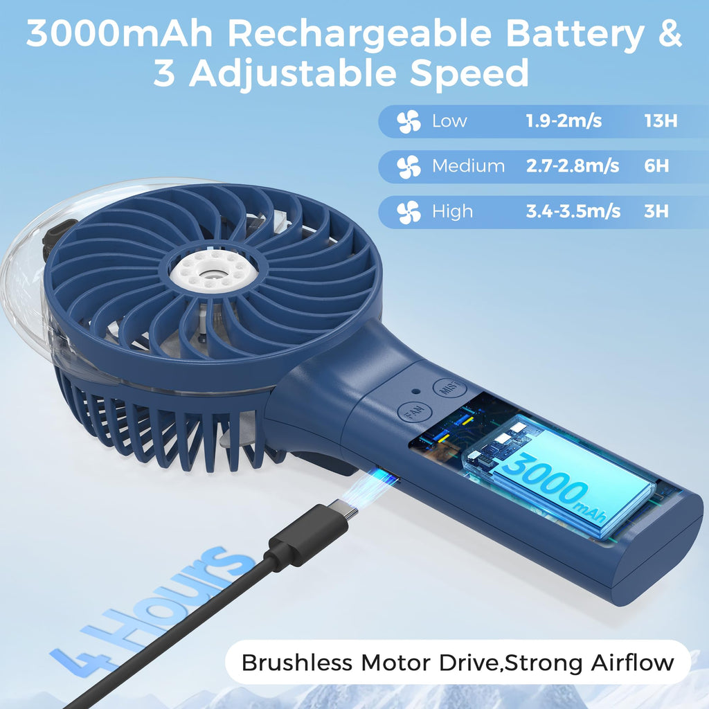 COMLIFE Portable Handheld Misting Fan, 3000mAh Rechargeable Battery Operated Spray Water Mist Fan, Foldable Mini Personal Fan for Travel, Makeup, Home, Office, Camping, Outdoors (BLUE)