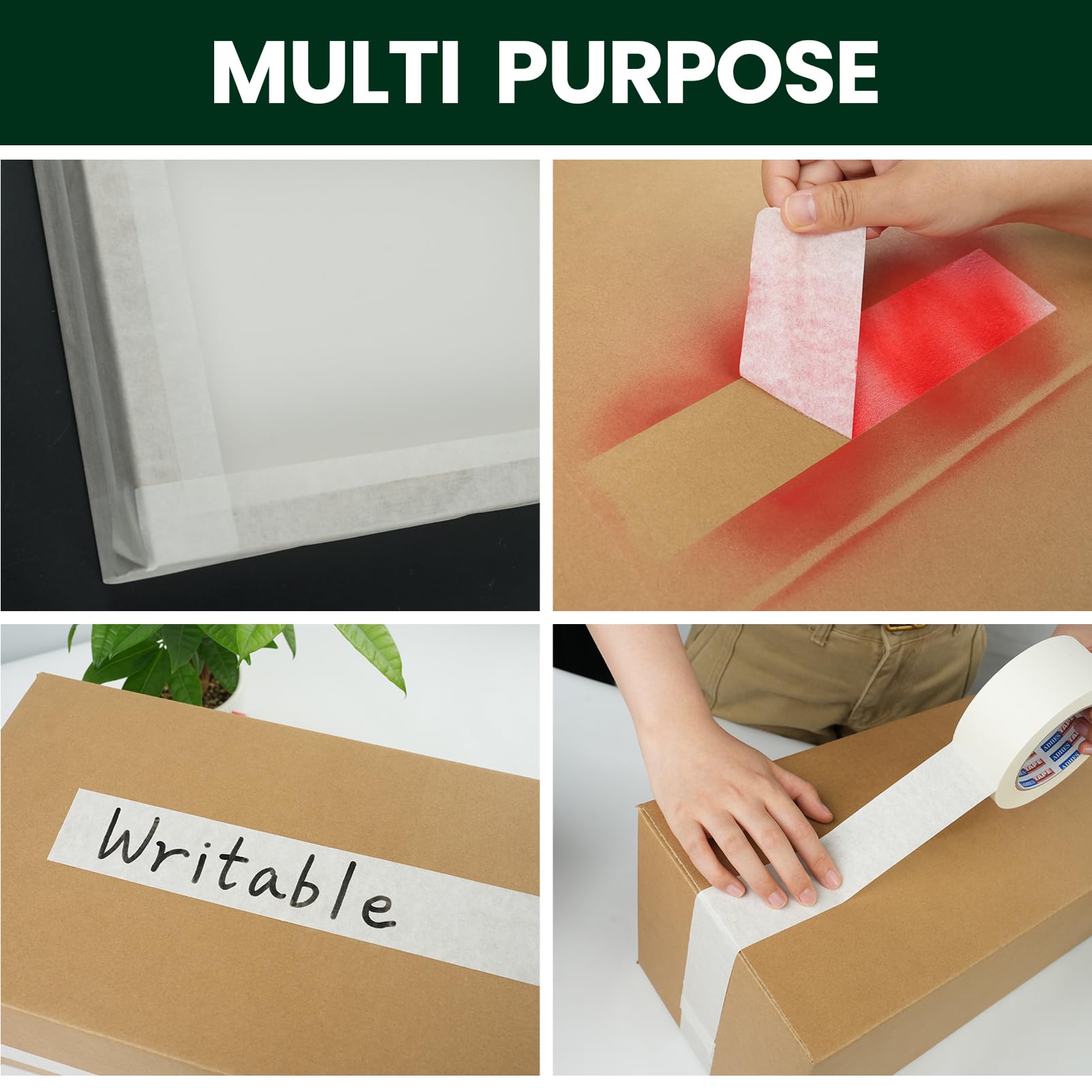ADHES White Kraft Paper Tape, 2 Inch x 55 Yards, 3 Rolls Writable & Uncoated Heavy Duty Paper Tape, Eco-Friendly Biodegradable Packing Tape for Sealing, Packaging, Moving & Masking