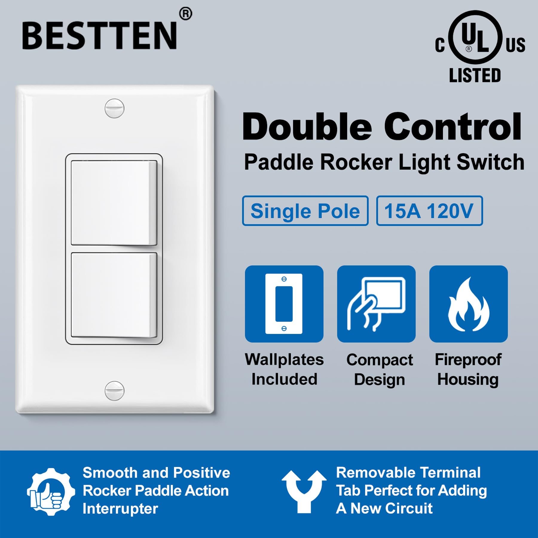 [2 Pack] BESTTEN Double Light Switch, Single Pole Combination Interrupter, 15A 120V, Dual Control Paddle Rocker, Residential & Commercial Use, cUL Listed, White