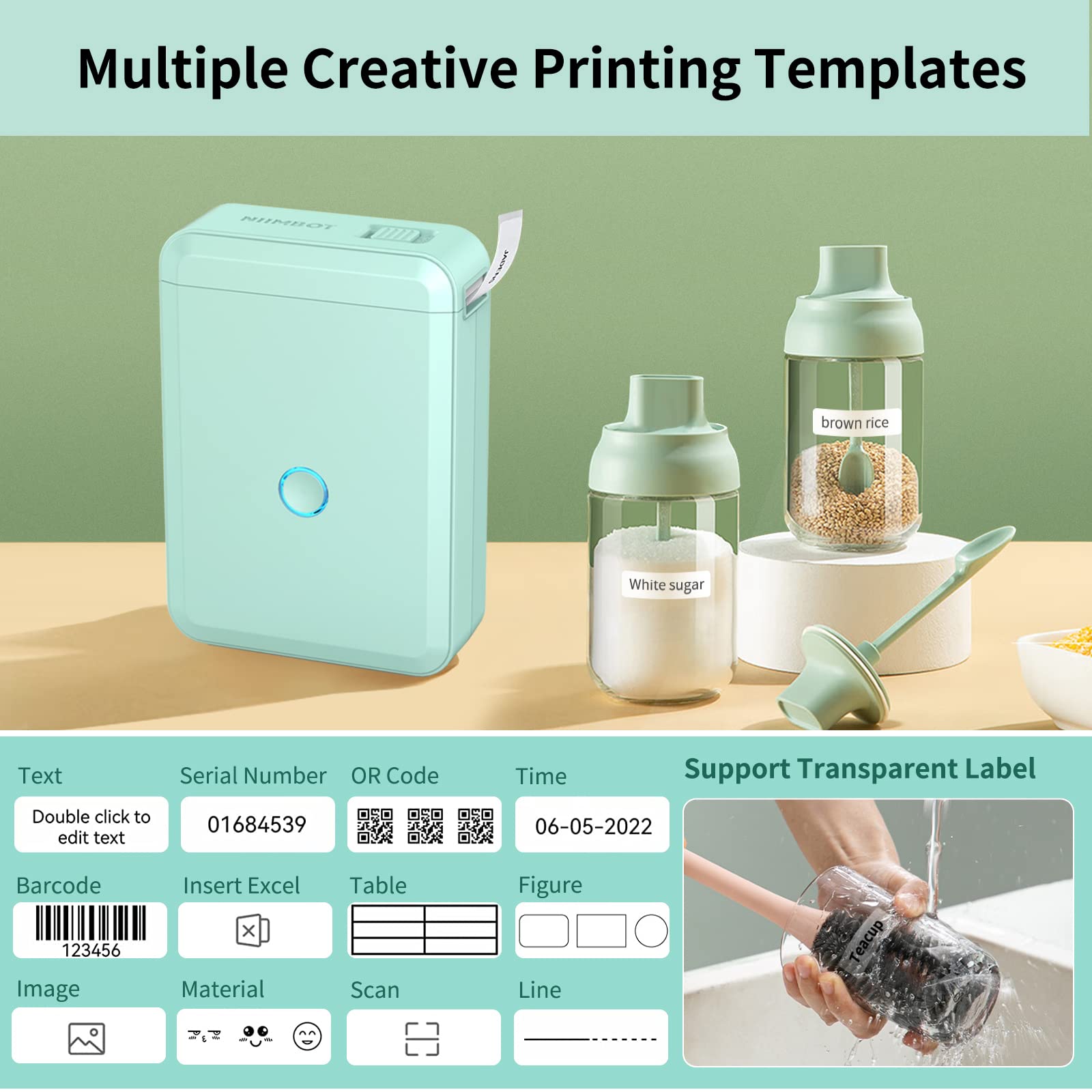 JADENS D110 Bluetooth Label Maker Machine, Portable Label Maker with Multiple Templates, Includes 1/2" Label Tape, Mini Label Printer for Home, School & Office Organization, Rechargeable, Green
