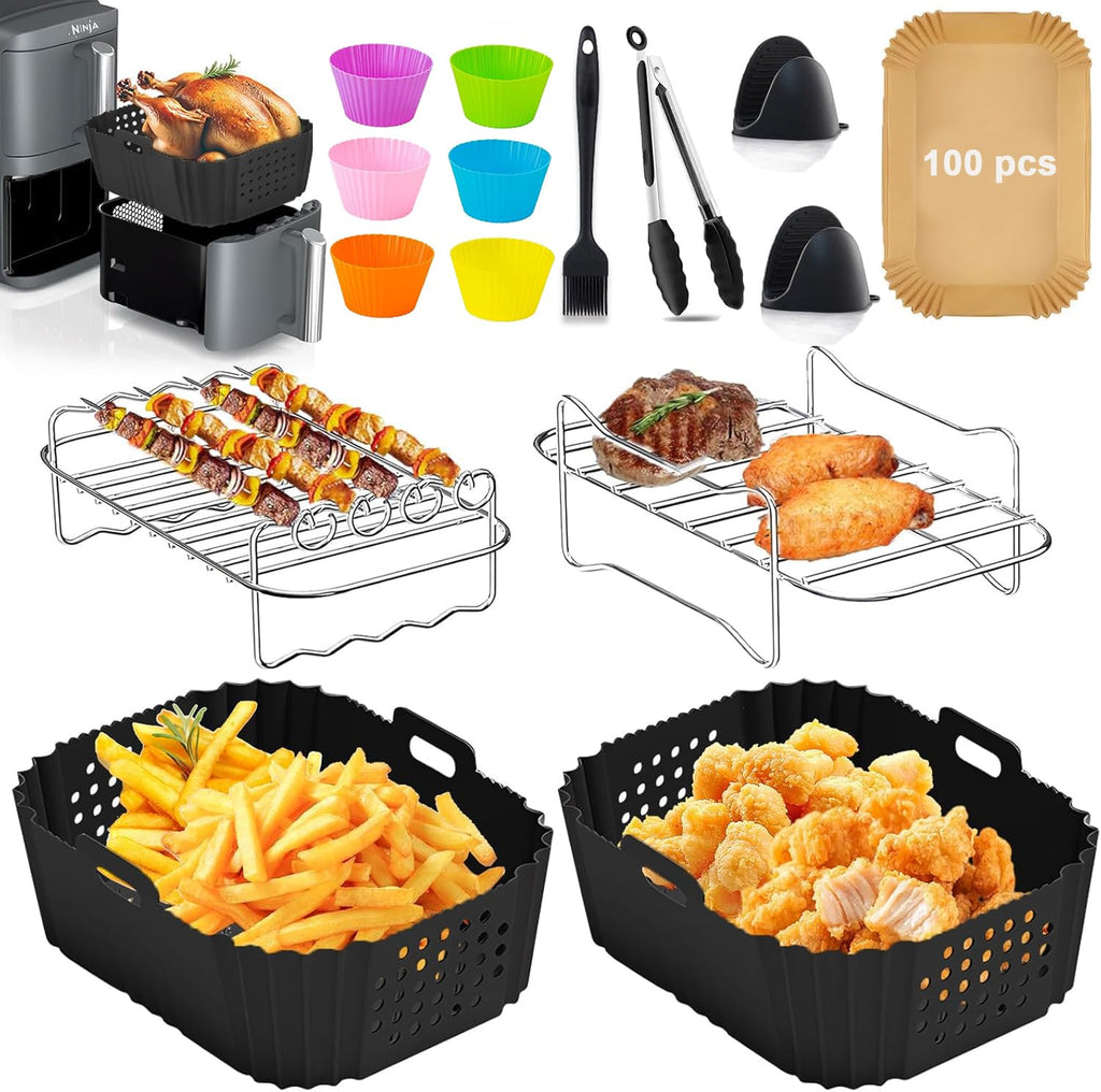 15 Pcs Air Fryer Accessories Set for Ninja Foodi DZ201C DZ401 Compatible Ninja DZ550 Foodi, Silicone Air Fryer Liners for SL401 DoubleStack XL for 8-10QT Air Fryer Basket