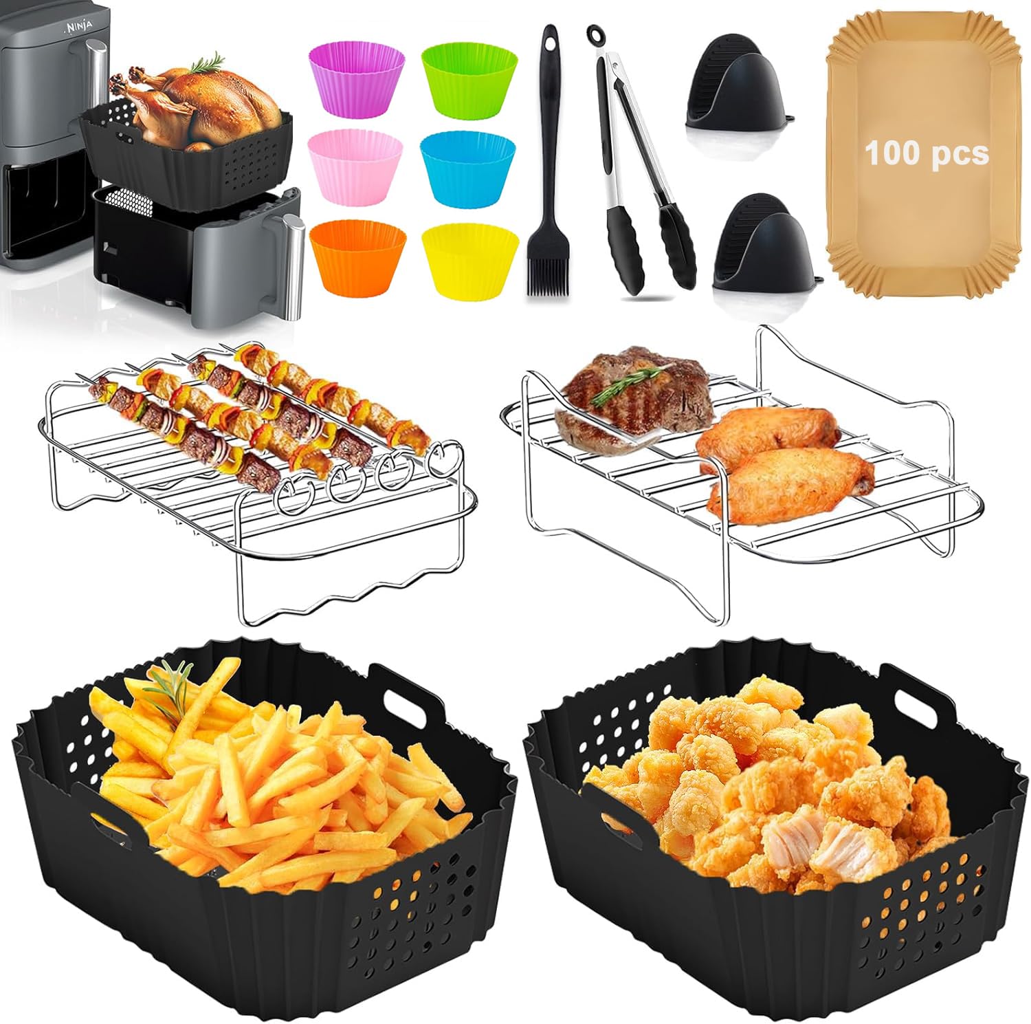 15 Pcs Air Fryer Accessories Set for Ninja Foodi DZ201C DZ401 Compatible Ninja DZ550 Foodi, Silicone Air Fryer Liners for SL401 DoubleStack XL for 8-10QT Air Fryer Basket