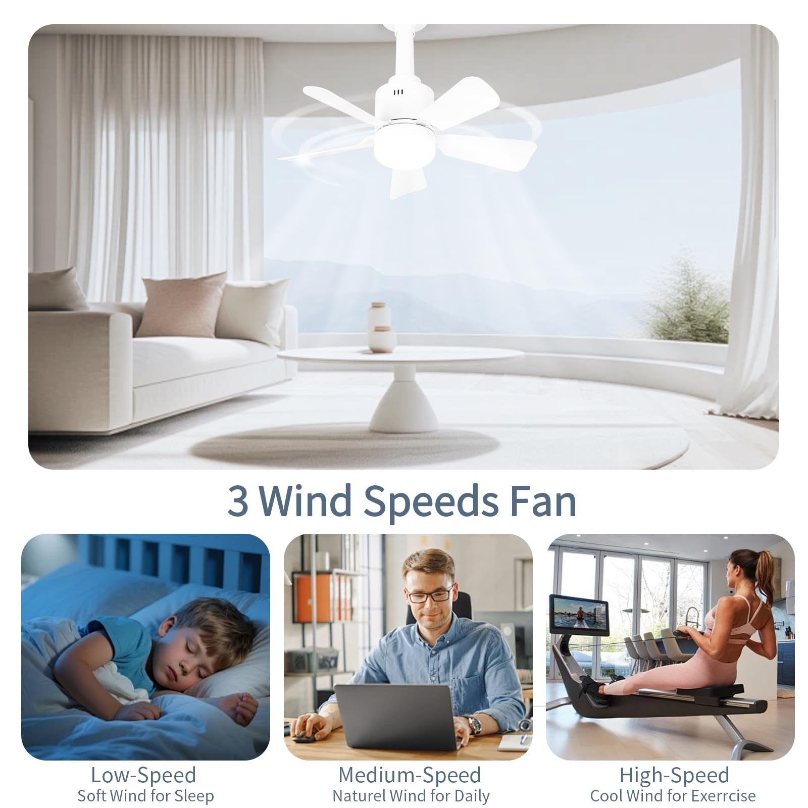 LANMEL Socket Fan Light with Remote Control,17.7-Inch Small Ceiling Fan with Light,3-Color Dimmable with E26/27 Base and Socket Extender,Bedroom/Living Room/Kitchen/Garage,White