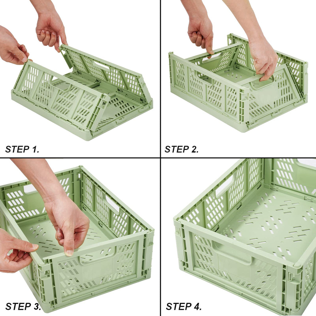 Asiulalt 4 Pack Plastic Storage Bin, Stackable Storage Container Crate with Handle, Collapsible Storage Basket for Organizing Home Office Shelves Closet Nursery (Green,13.3"x10.2"x5.1")