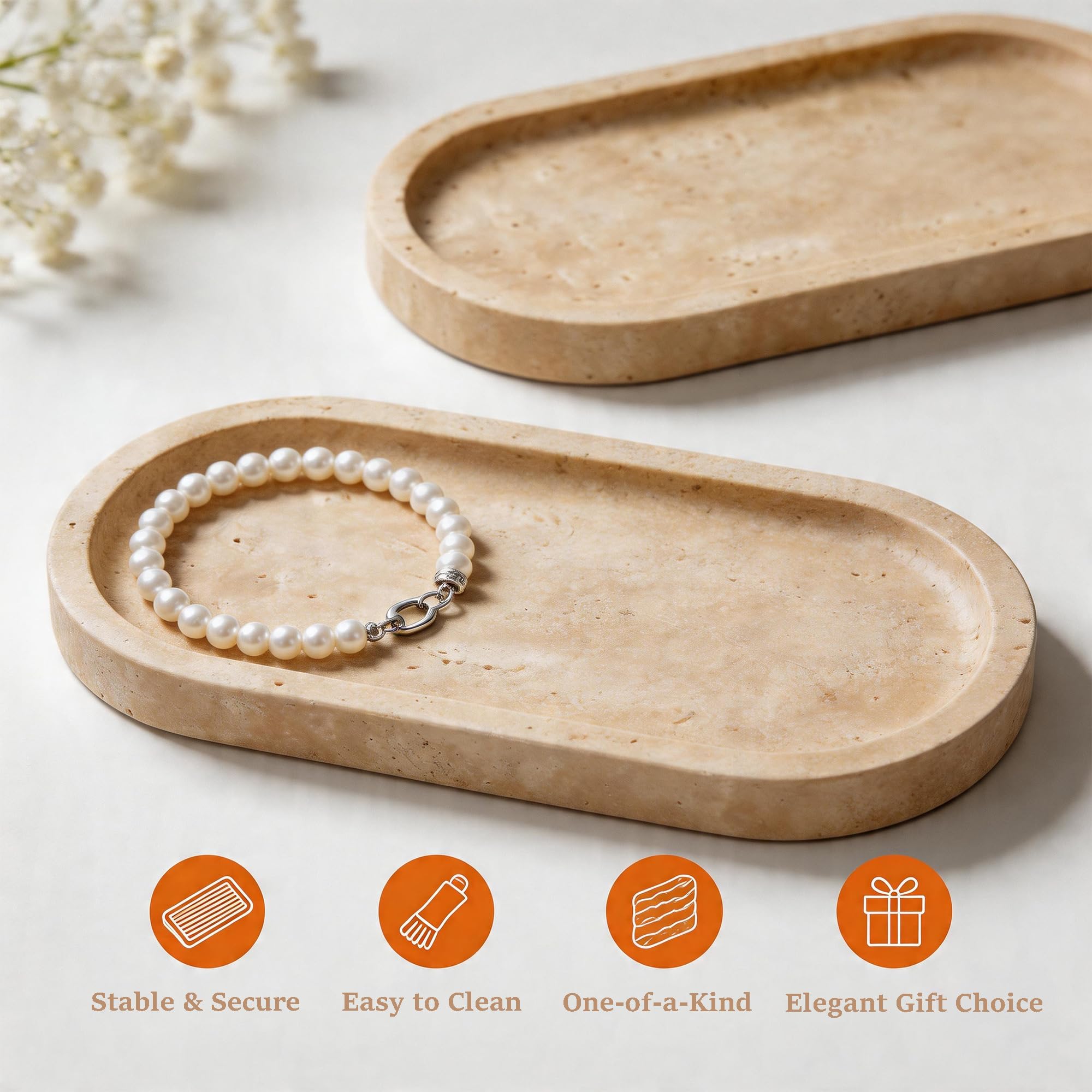 WORHE Italy Natural Travertine Stone Tray for Jewelry, Candles, Perfume, Trinket, Marble Oval Vanity Trays for Bathroom, Dresser, Kitchen, Countertop Storage Organizer Home Decor Beige (WH028)