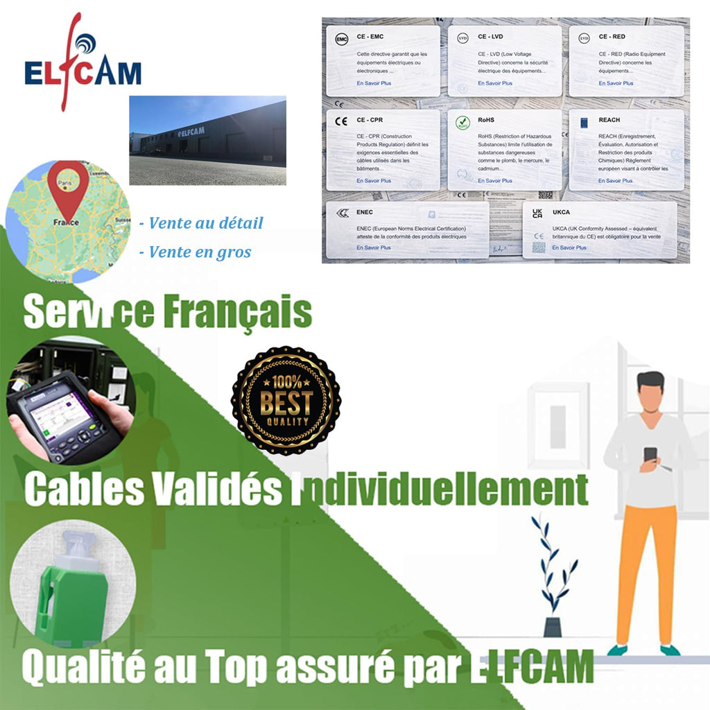 Elfcam® - 10m/32.81ft Fiber Optic Cable SCA to SCA Simplex Singlemode 9/125μm LSZH, Compatible with FTTH Cables, Rogers, Bell and Telus, White Color, 10 Meters