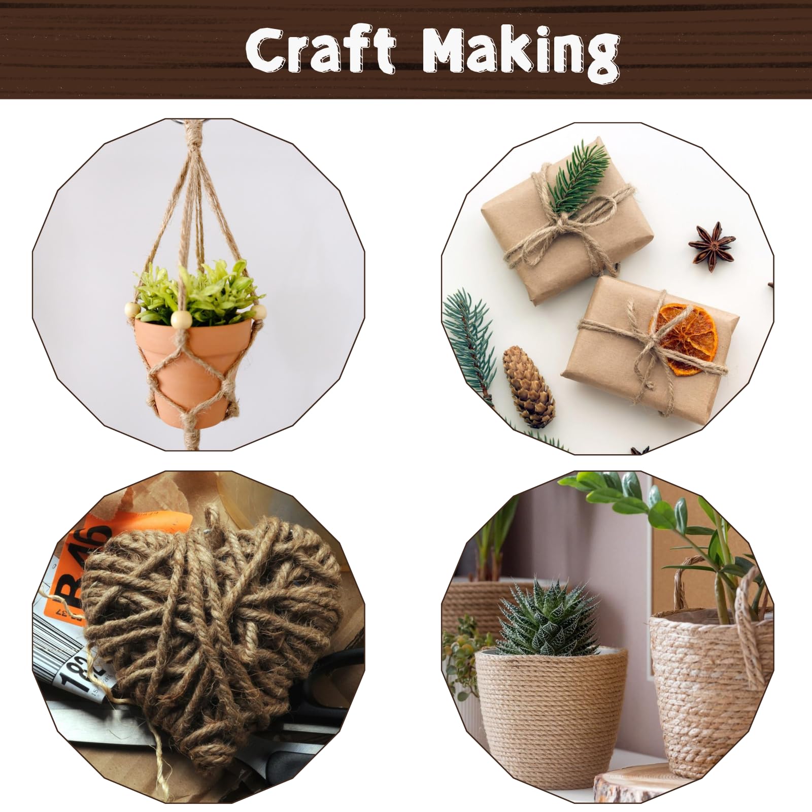 ZENFUN 3 Packs Total 492Feet Thick Jute Twine, 5mm 3Ply Heavy Duty Brown Jute Rope String, Natural Craft Rope Twine String for Home Gardening, Gift Wrapping, Packing, DIY Crafting(164Ft/50M Each)