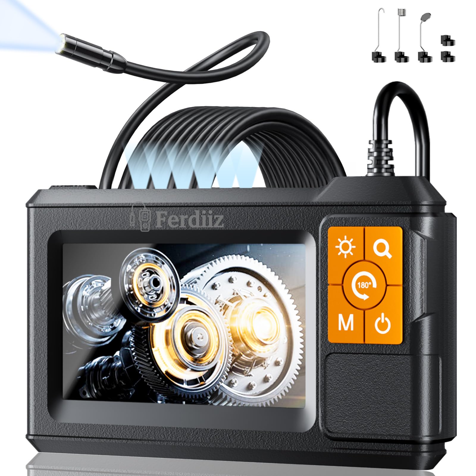 Endoscope Camera with Light, Ferdiiz 1080P HD Borescope with 4.3" IPS Screen, IP67 Waterproof Inspection Camera 8 Adjustable LED Lights, Flexible Endoscopic Camera-16.5FT 5M Semi-Rigid Cable