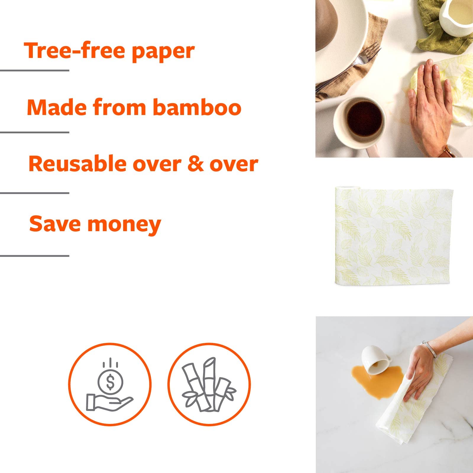 Full Circle Tough Sheets Reusable Plant-Based Paper Towels – Super-Absorbent, Bamboo Towels - Multi-Use Cleaning Products - 30 Sheet Roll