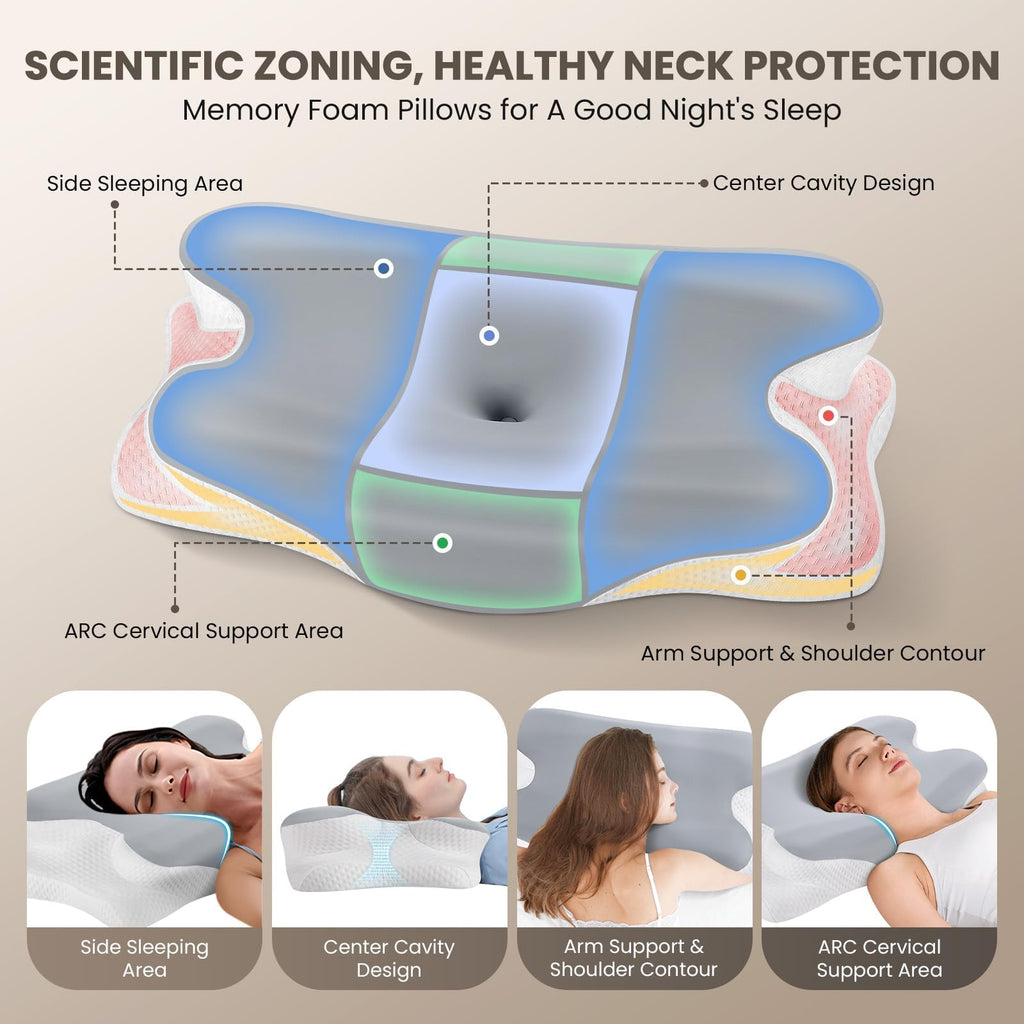 JINXIA Cervical Neck Pillows for Neck and Shoulder Pain Relief, Contour Memory Foam Pillow with Cooling Silk Case, Sleeping Cooling Neck Support Pillow, Back & Stomach Sleepers, White & Gray
