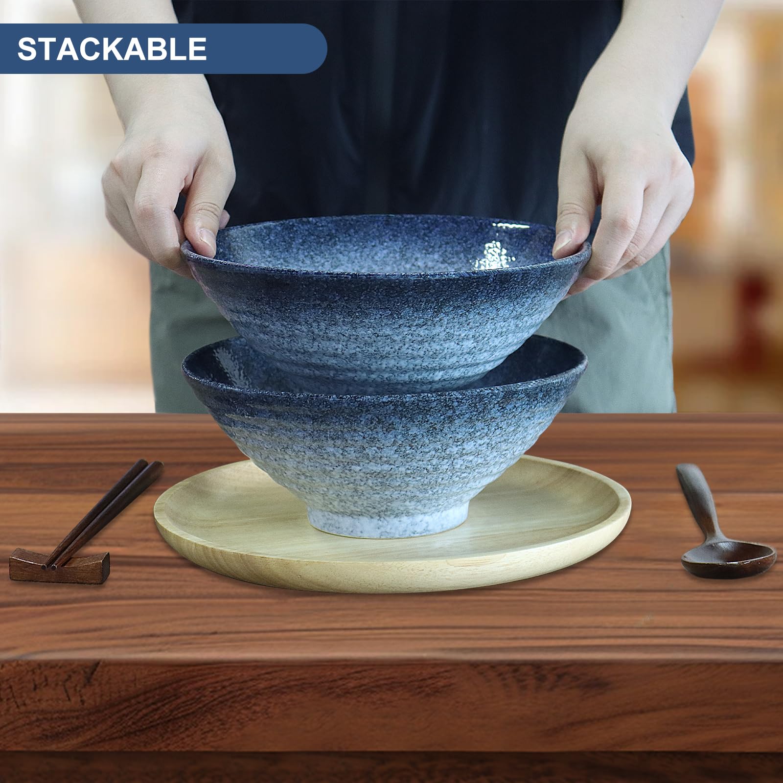 Ceramic Ramen Bowl Set of 2,35.5oz Japanese Ramen Bowls Soup Bowls Set with Spoon and Chopsticks and Chopstick Holders for Udon Soba Pho Asian Noodles (Blue-Grey)