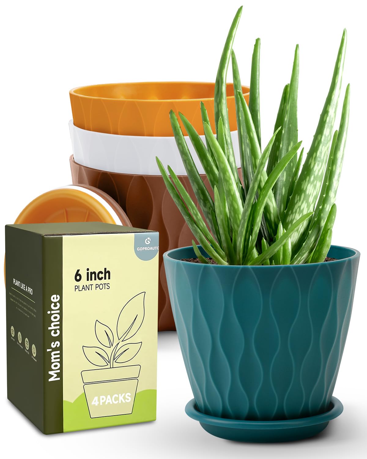 Goproauto 6 Inch Indoor Planter Pots with Drainage Hole and Tray Saucer,Flower Pots for Indoor Outdoor Garden Plants and Flowers, Multicolor, 4 Packs