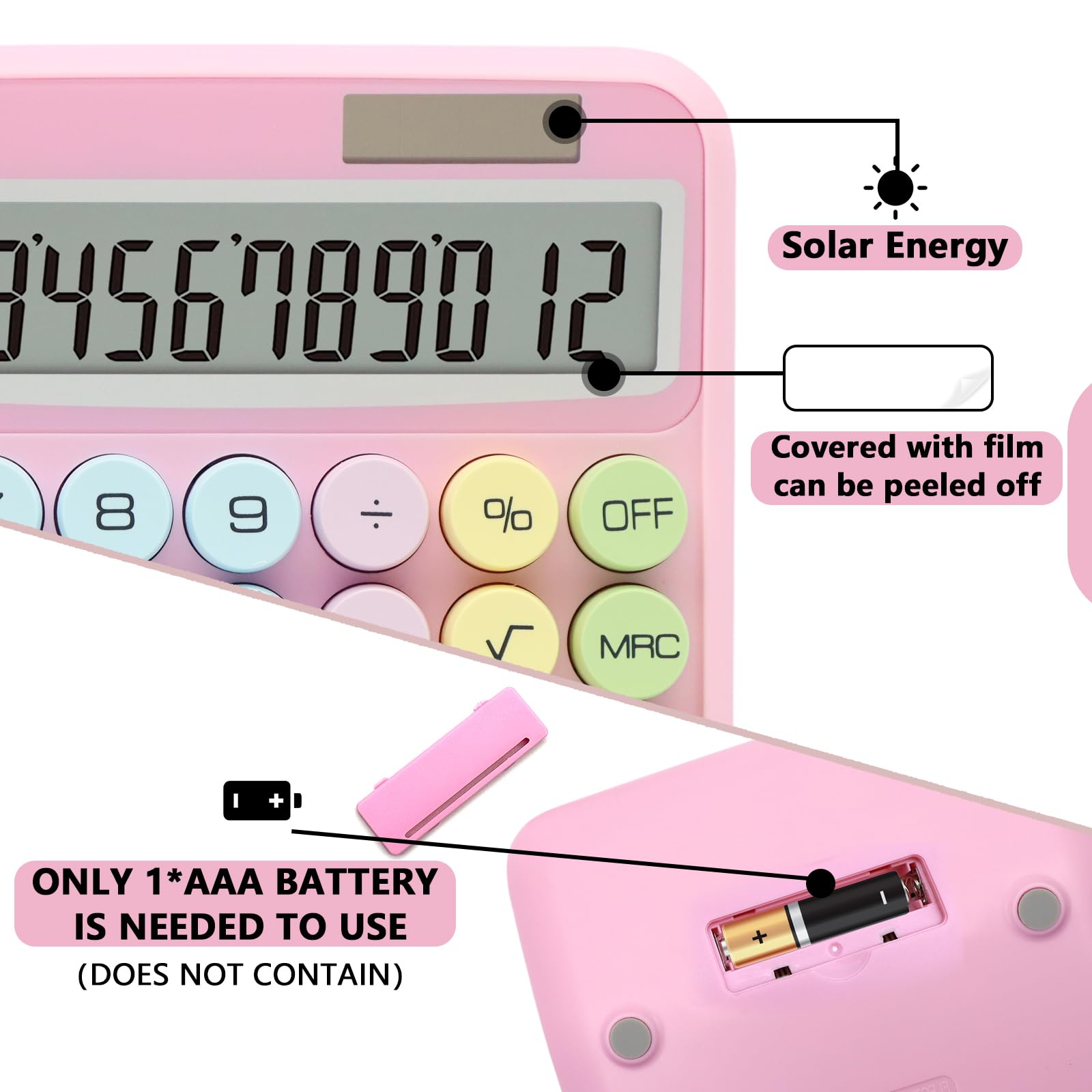 UPIHO Pink Calculator - Standard 12 Digit with Large LCD Display and Big Buttons - Office, School, Home, Business Accessory