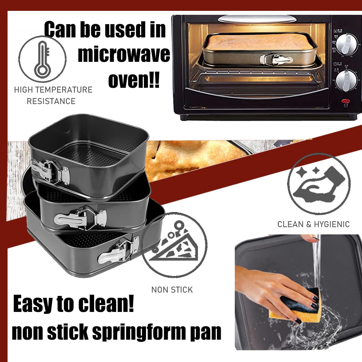 Springform Pan Set, 9.5/10/11Inch Square Cake Pans, Nonstick Bakeware Springform, Leakproof Cake Pans with Removable Bottom for Baking, Cheesecake Pan