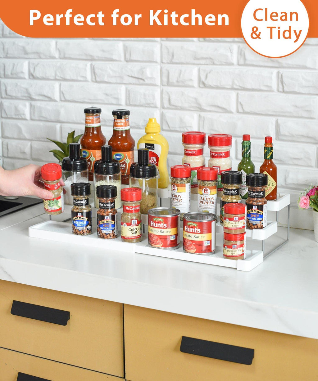 sunal Expandable Spice Rack with 3 Levels, Space-Saving Spice Rack Organisation for Kitchen Cabinets, Pantry or Worktops, Easy Visibility of the Spice Containers, White