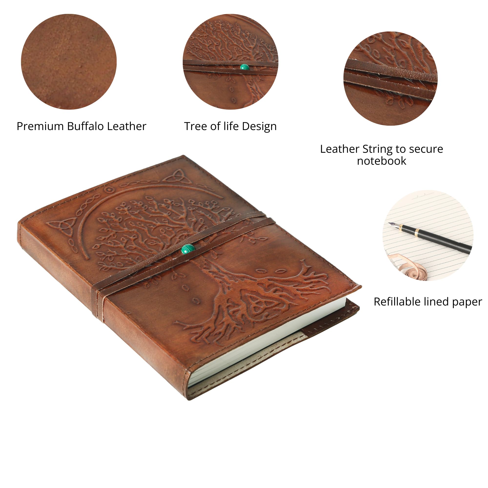 Leather Journal Refillable Lined Paper Tree of Life Handmade Leather Journal/Writing Notebook Diary/Bound Daily Notepad for Men & Women Medium, Writing pad for Artist, Sketch