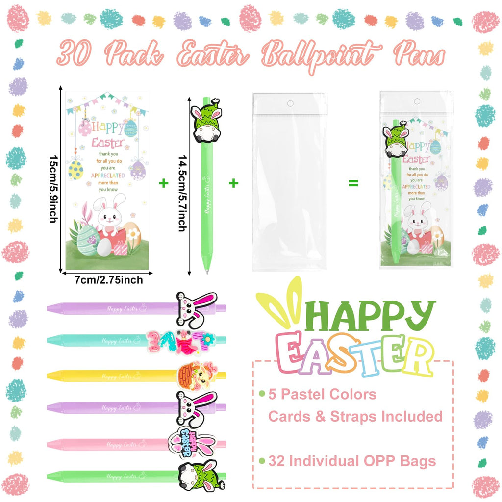UgyDuky 30Pcs Easter Party Favors Pens with Bunny & Egg Toppers, Happy Easter Printed Ballpoint Pens, Spring Holiday Writing Pens with Thank You Cards, Office & Classmates Gift Exchanges