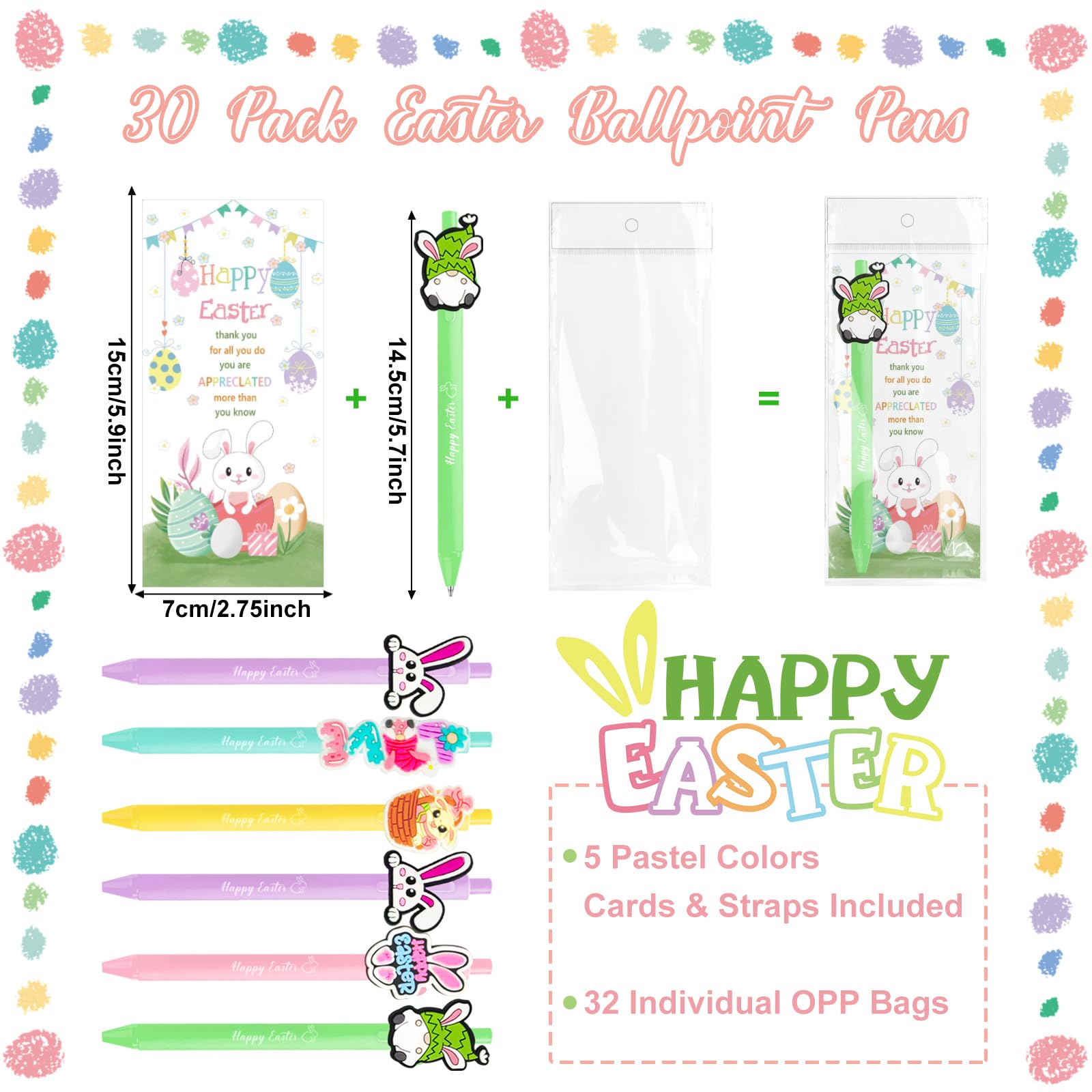 UgyDuky 30Pcs Easter Party Favors Pens with Bunny & Egg Toppers, Happy Easter Printed Ballpoint Pens, Spring Holiday Writing Pens with Thank You Cards, Office & Classmates Gift Exchanges