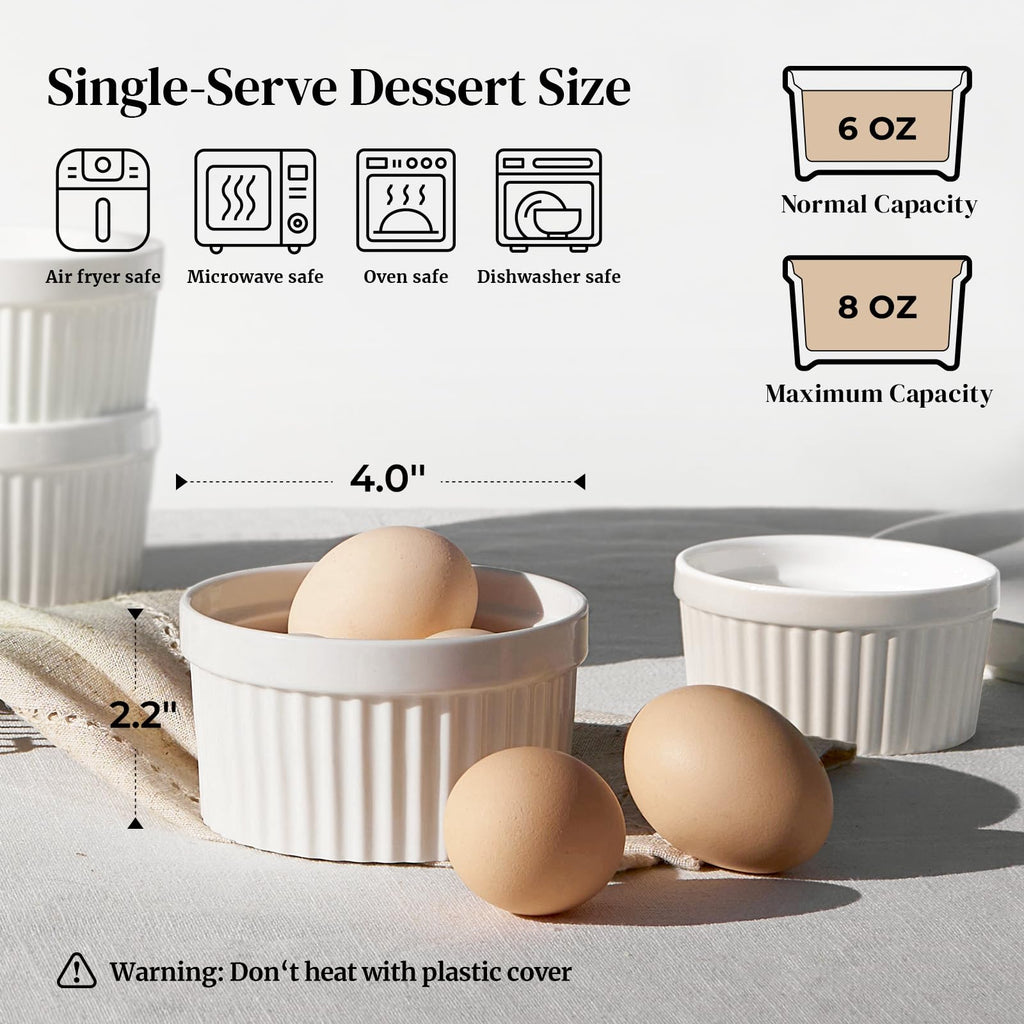 DOWAN Ramekins 8 oz Oven Safe with Lids, Creme brulee Souffle Ramekins with Covers, Porcelain White Ramekins for Baking, Stackable, Set of 6