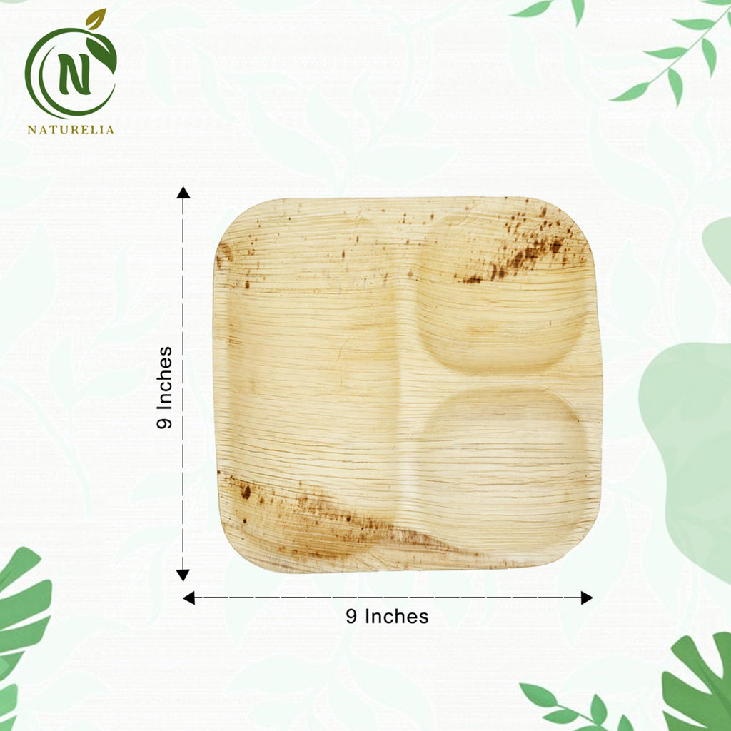 Naturelia Areca Square 9-Inch Plate with 3 Partitions- Eco-Friendly, Biodegradable, Microwave & Oven Safe- Sustainable & Natural Cutlery Ideal for Weddings, Parties, Events