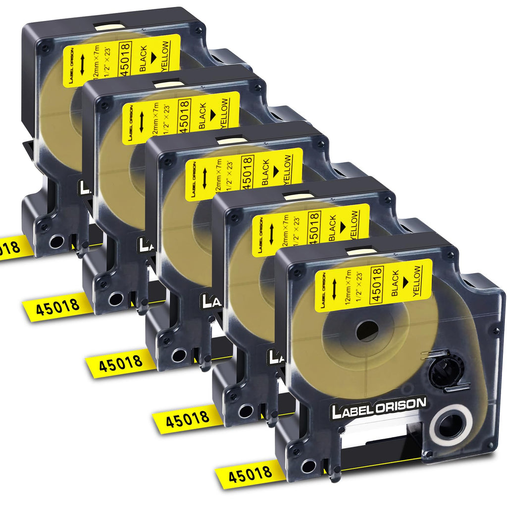 5PK Compatible with Dymo Labeling Tape 45018 S0720580 Black on Yellow Label Cassette 12mm 1/2-inch Compatible for LabelManager 160 280