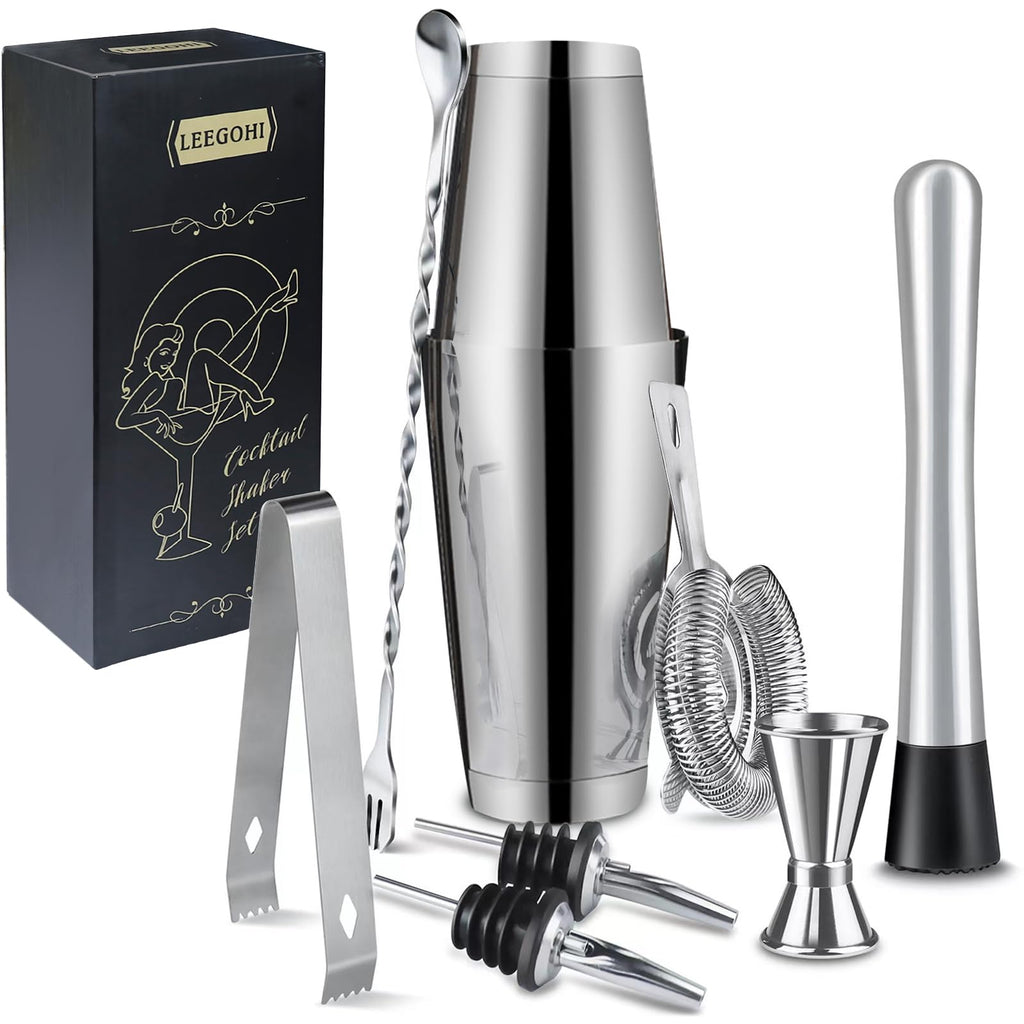 Boston Cocktail Shaker Set|8pcs Cocktail Making Set Stainless Steel Shakers|Bartender Kit Bar Tool Set with Strainer, Pourers, Muddler, Double Jigge (Boston Cocktail Shaker)