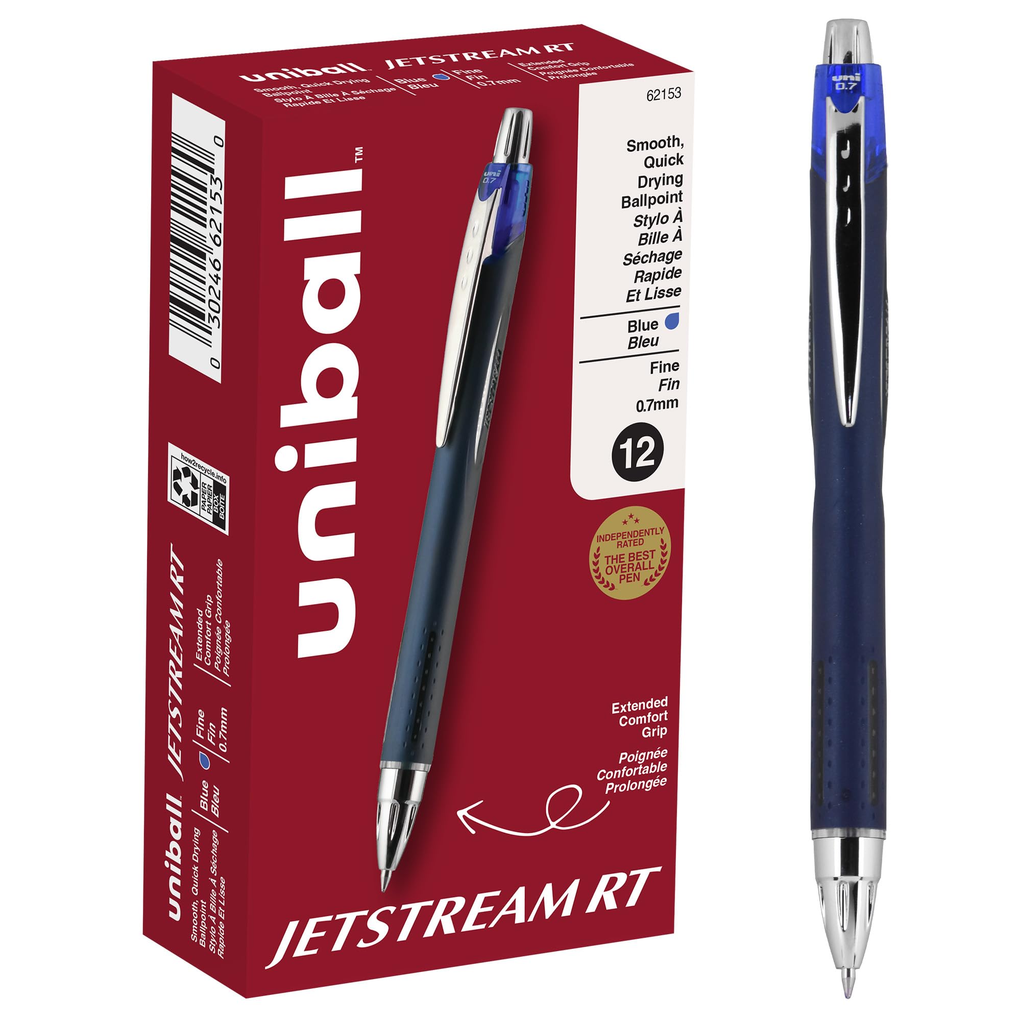 uni-ball Jetstream Rollerball, Retractable Roller Ball Pen Fine-0.7mm, 12 Pack, Blue Ink (62153)