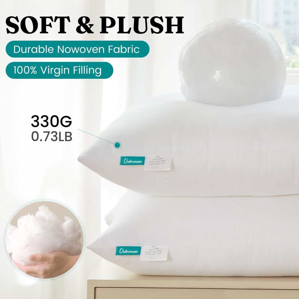 Oubonun 16 x 16 Throw Pillow Inserts - Soft, Plush & Decorative Down Alternative Pillows for Couch Sofa Bed, Machine Washable - White, Pack of 2