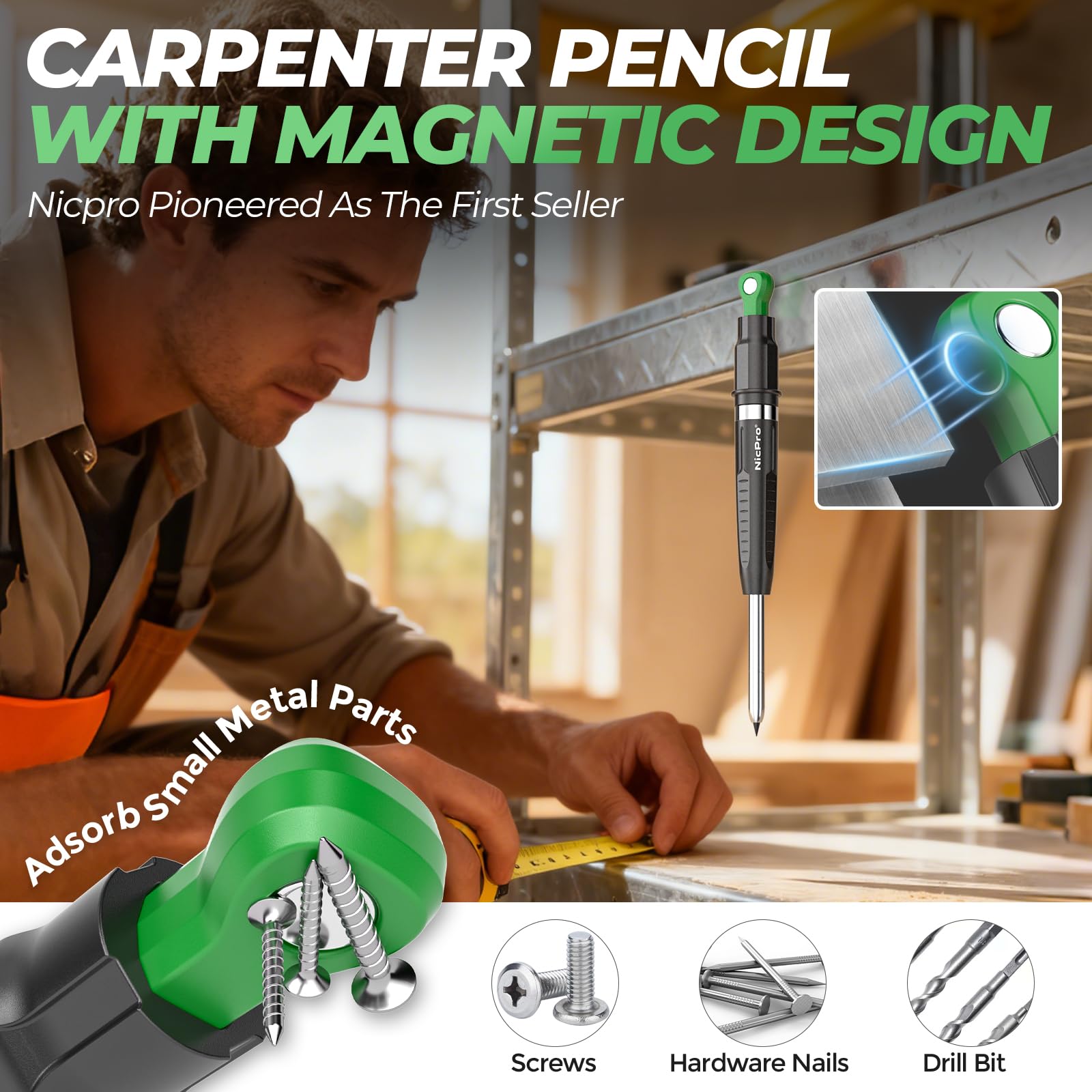 Nicpro CP5000 Carpenter Pencil with Armored Exterior, Multifunction Portable All-in-one Deep Hole Marking for Construction, Professional Woodworking, ABS Anti-Gravity Tools Architect(Black-green #003)