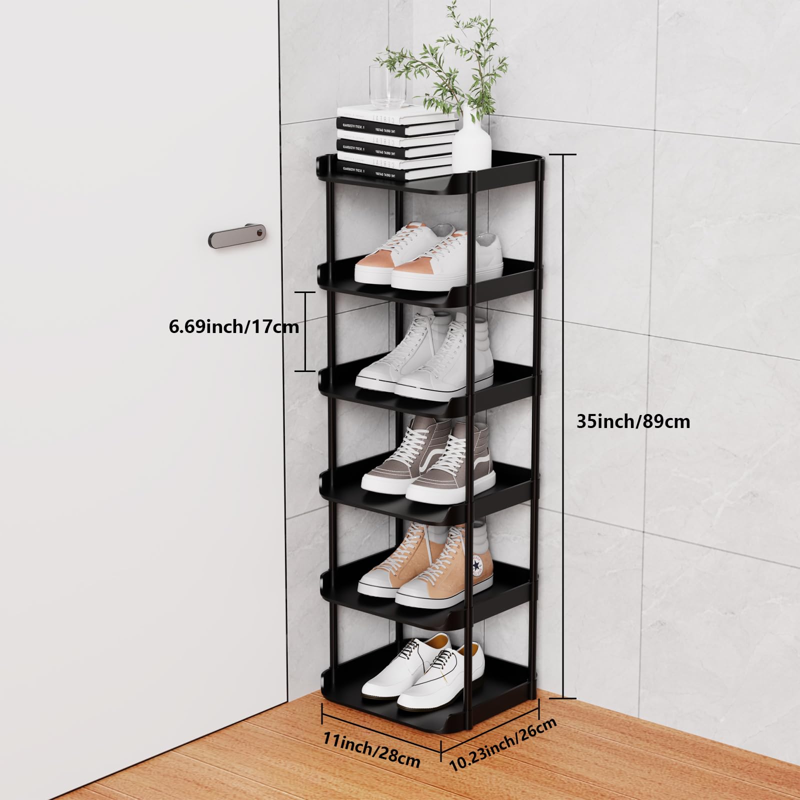 Altdnmaf 6 Tier Vertical Narrow Shoe Rack, Stackable Tall Skinny Shoerack, Compact Single Shoes Storage Tower for Slim Space, Corner Plastic Shelves, for Hallways, Entryway, Bedrooms Organizer, Black