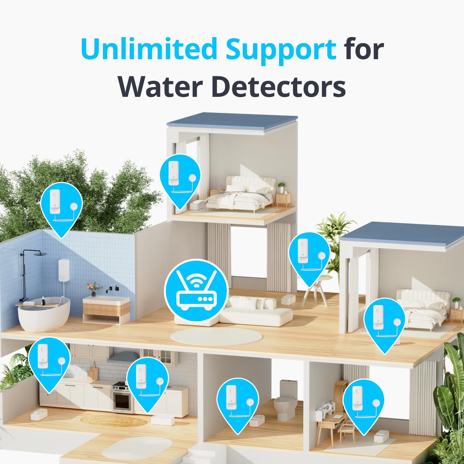 No Hub Required WiFi Water Sensor, Smart Water Leak Detector, 100dB Adjustable Alerts & App Alerts, IP67 Waterproof, Wireless Detector for Home with 1m Sensing Cable (Support 2.4G)