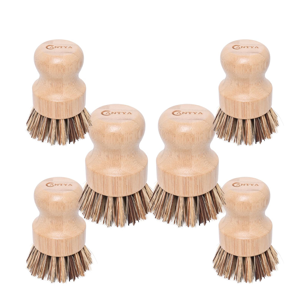 6 Packs Bamboo Dish Brush - Kitchen Scrub Brush, Natural Union Fiber and Tampico Fiber Dish Scrubber for Washing Cast Iron Pan/Pot(Hard Bristle)