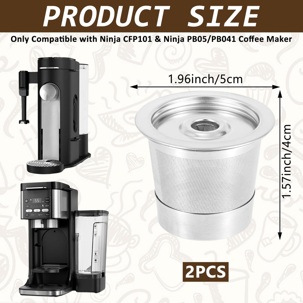 2Pack Reusable K Cups and Coffee Pods with Mesh for Ninja PB051 & CFP101/PB041, 304 Stainless Steel Reusable K Pod Permanent K Cups Compatible with Ninja Coffee Maker Accessories