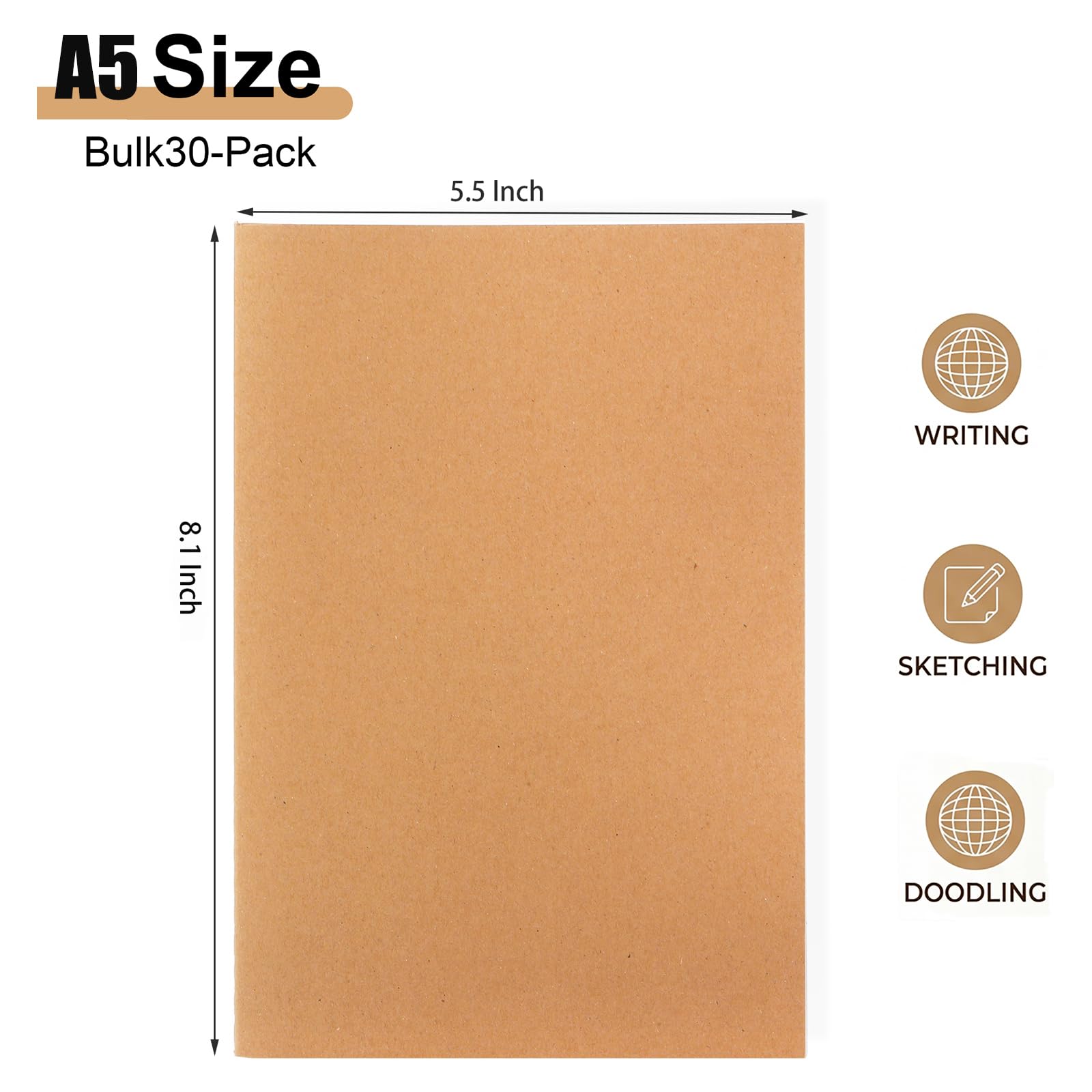 Nicunom 30 Pack A5 Kraft Notebooks, Bulk Blank Journals, Travel Journal Unlined Sketchbooks Memo Diary Planner for Office Classroom Supplies, 60 Pages, 8.3x5.5 inch