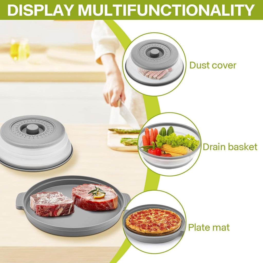 Oillase gray Microwave Splatter Cover for Food with Anti-scald Base Plate,Large Plastic & Silicone Vented Avoid Scalding Collapsible Guard Lid, Plate Holder & Kitchen Colander for Meal Prep-10.7 Inch