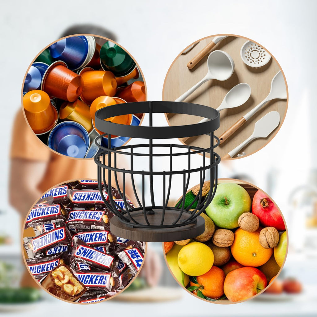 SODSAI Coffee Pod Holder with Wooden Base, Metal Wire Basket K-Cup Organizer, Black Iron, Holds Up to 40 Pods