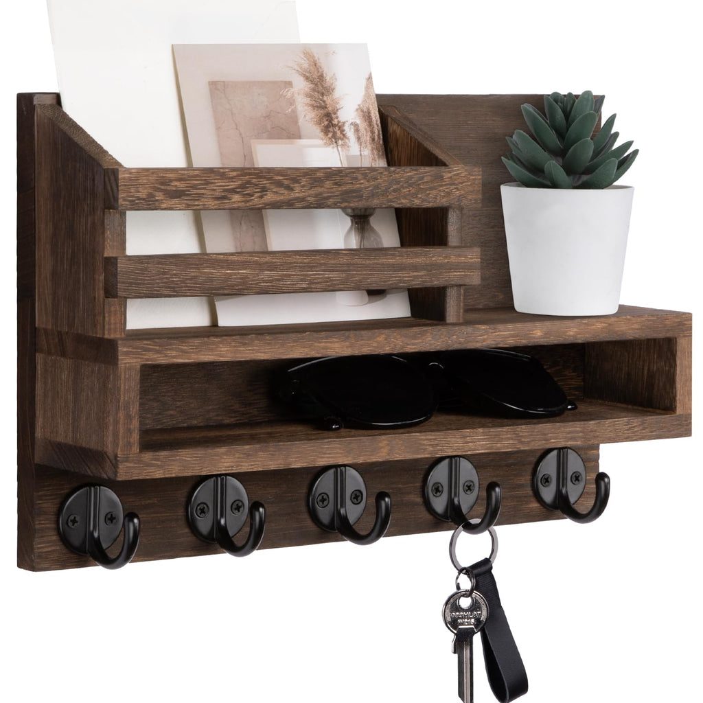 Lucundm Key and Mail Holder Wall Mount, Key Hanger with Long Storage Box and 5 Hooks for Coat, Dog Leash, Home Decor Rack, House Accessories, Entry Way Organizer 11.8”W x 7.8”H x 3.2”D