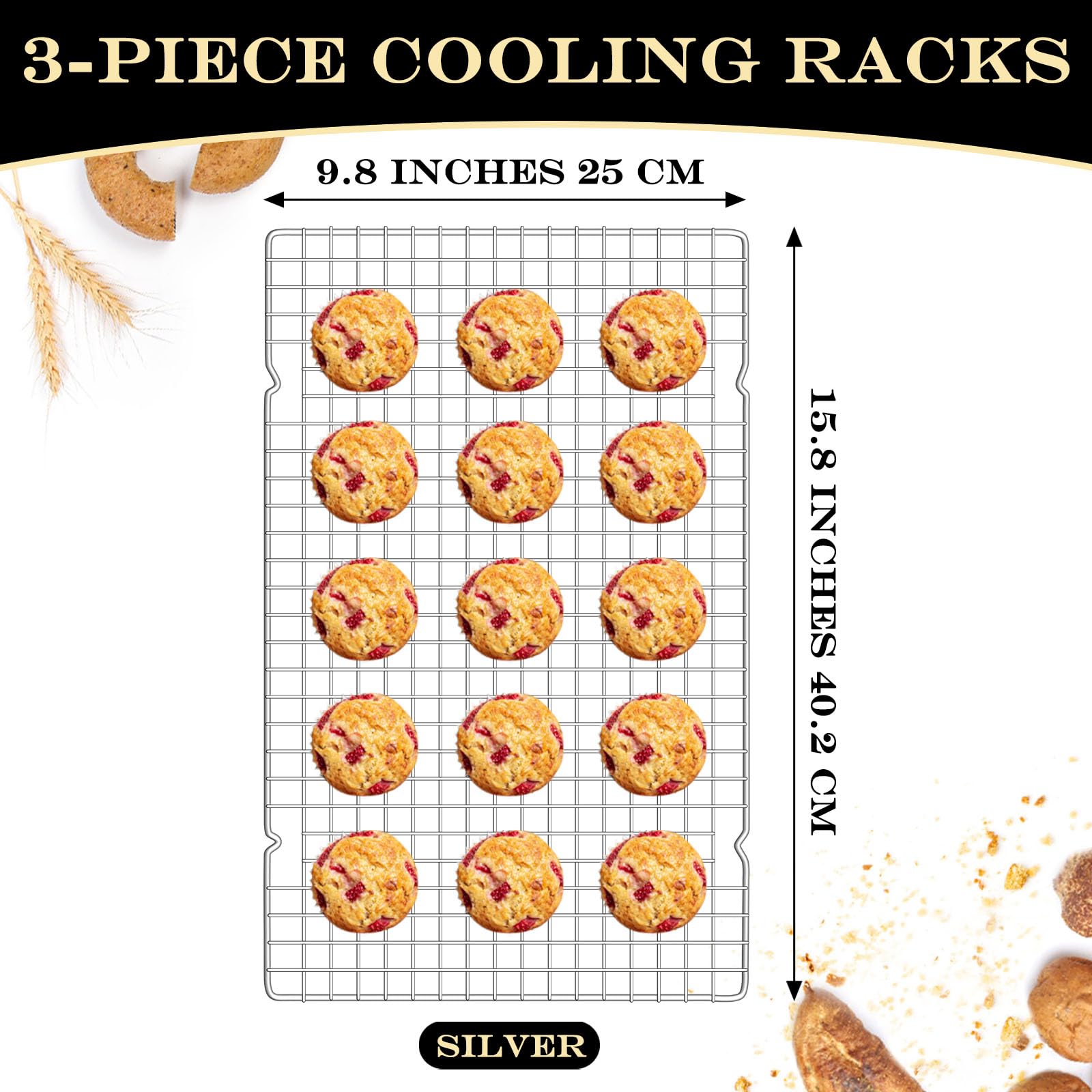 BEWOS Cooling Racks for Cooking and Baking - 3 Pieces Stainless Steel Baking Racks, 15.8'' x 10'', Wire Rack for Grilling and Roasting, Oven & Dishwasher Safe, Silver